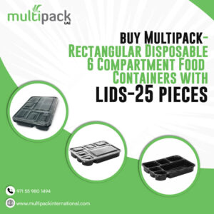 Multipack-Rectangular Disposable 6 Compartment Food Containers with lids-25 pieces