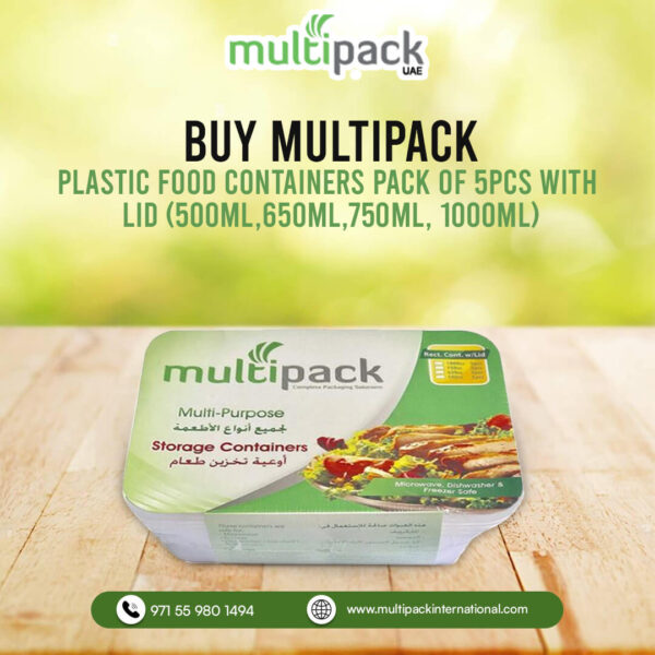 Plastic Food Containers Pack Of 5Pcs with Lid (500ml,650ml,750ml,1000ml)