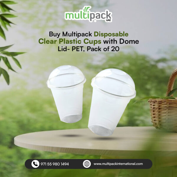 Multipack Disposable Clear Plastic Cups with Dome Lid- PET, Pack of 20