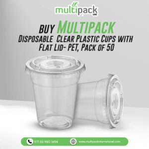 Multipack Disposable Clear Plastic Cups with Flat Lid- PET, Pack of 50